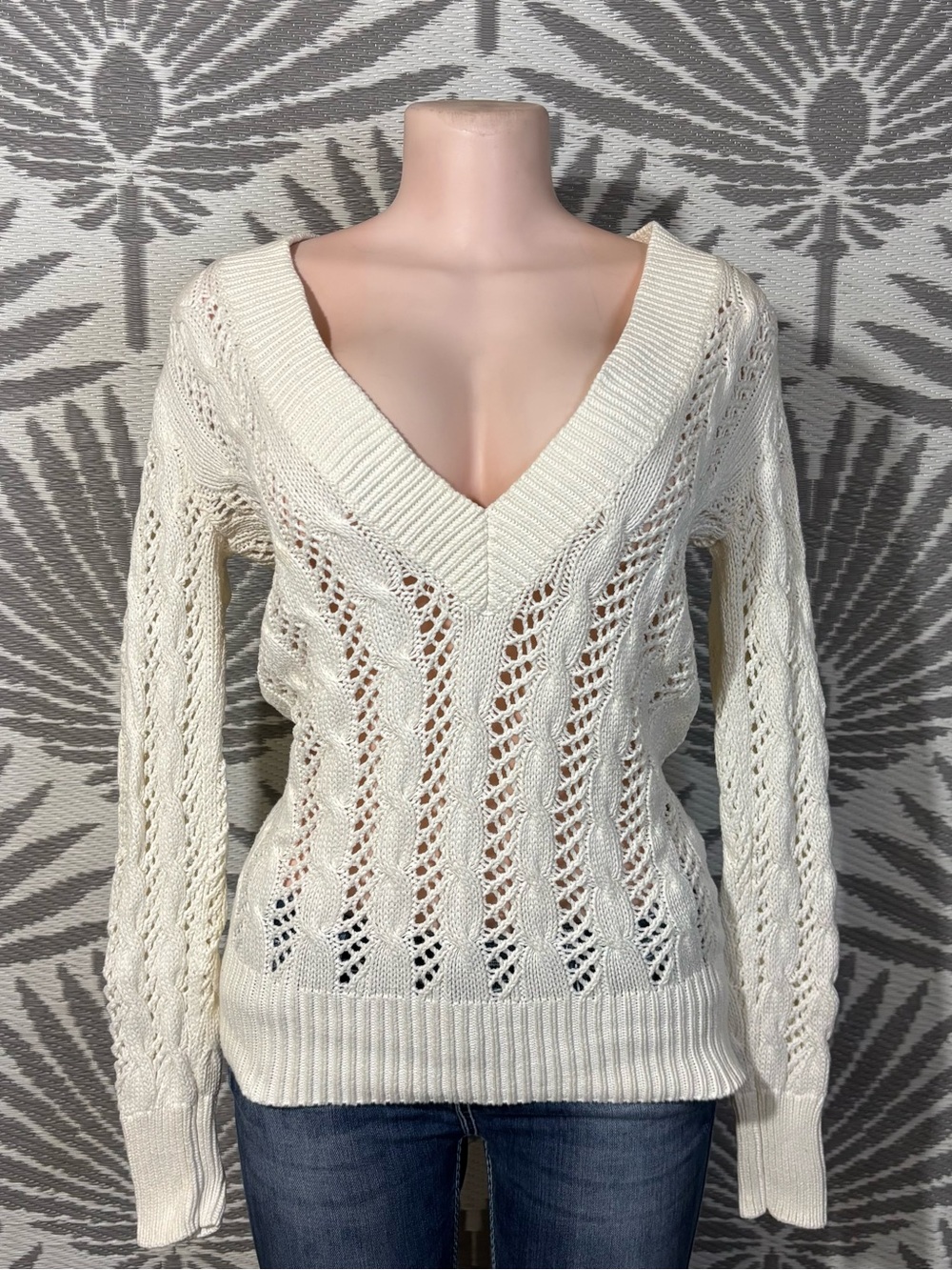 Vintage Y2K Old Navy Cable Knit Sweater S Ivory Deep V Neck Open Knit